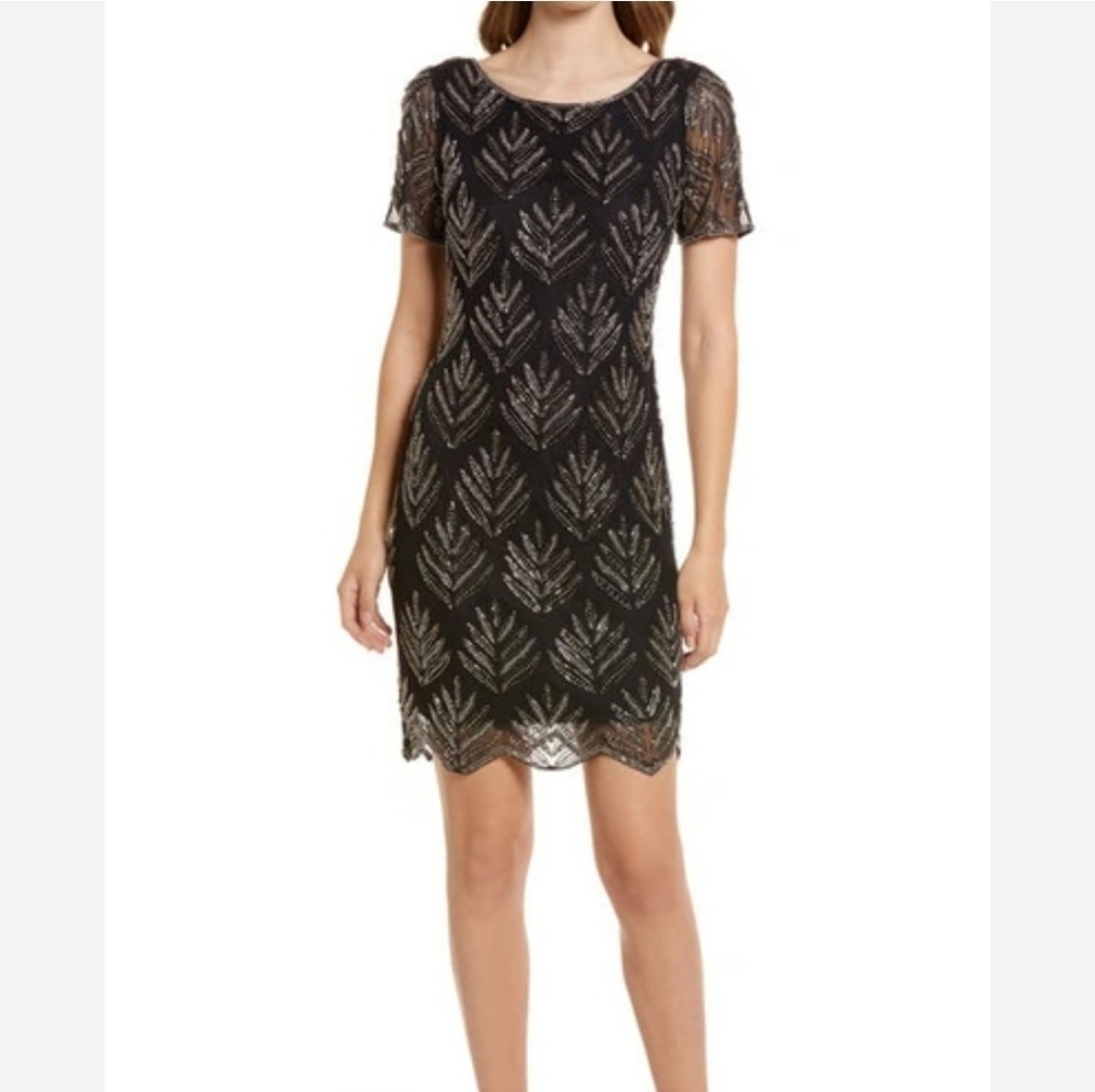 Pisarro Nights Black Beaded Cocktail Embellished Sheath Dress Size 12 NWT